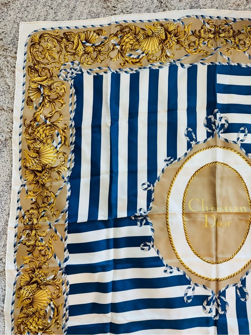 Authentic Dior Blue White and Gold Printed Silk Scarf